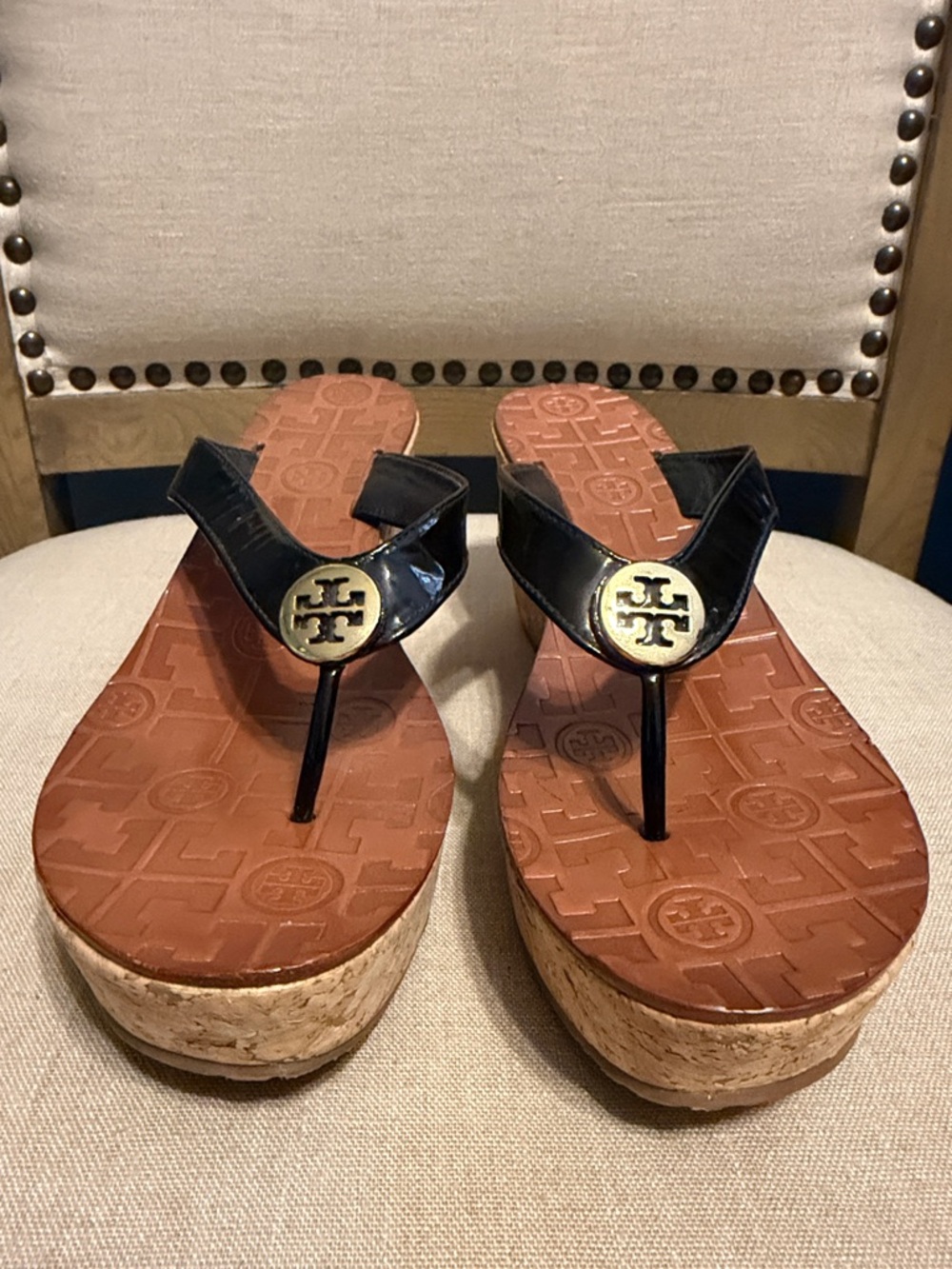 Tory Burch Black Patent Cork Wedge Thong Sandals, Size 8M